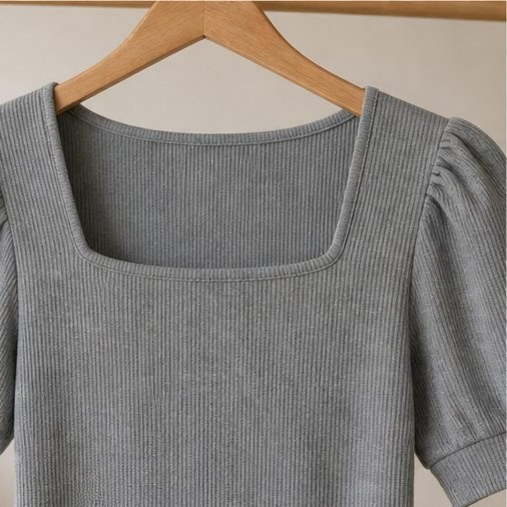 Gray Ribbed Square Neck Top - Picture 4 of 6